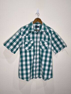 Double Pump Men’s Large Green White Gingham Plaid Pearl Snap Western Shirt